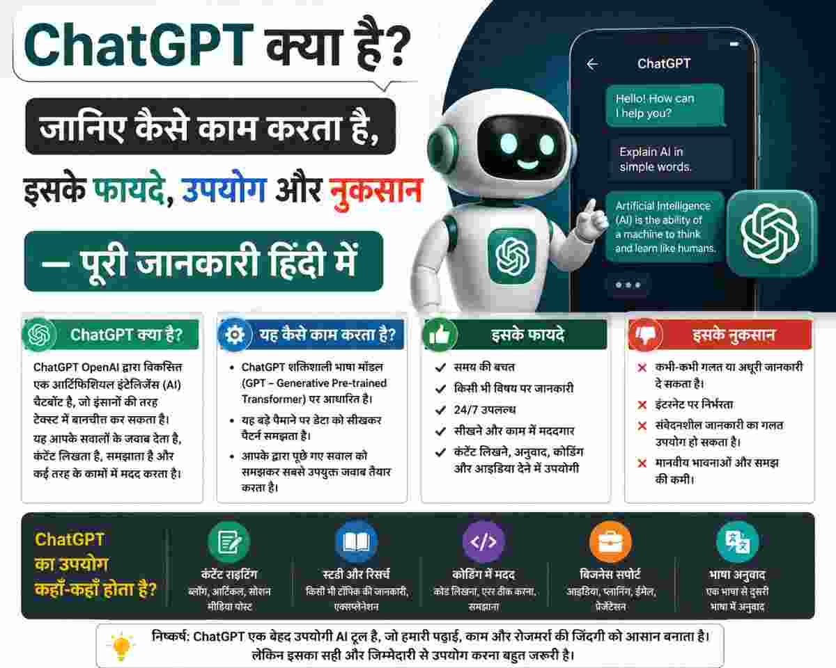 ChatGPT क्या है? जानिए कैसे काम करता है, इसके फायदे, उपयोग और नुकसान — पूरी जानकारी हिंदी में
